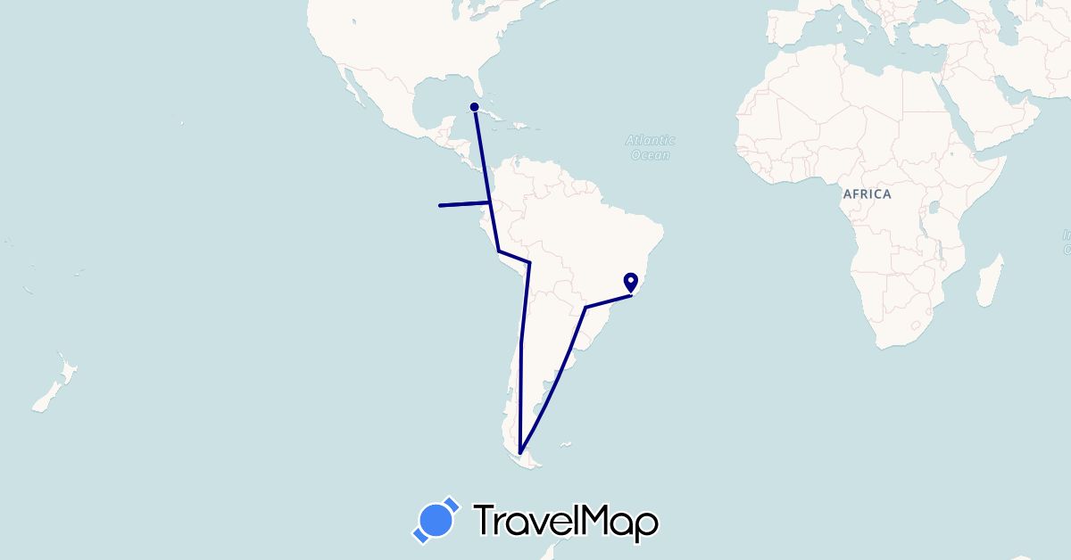 TravelMap itinerary: driving in Argentina, Bolivia, Brazil, Chile, Cuba, Ecuador, Peru (North America, South America)